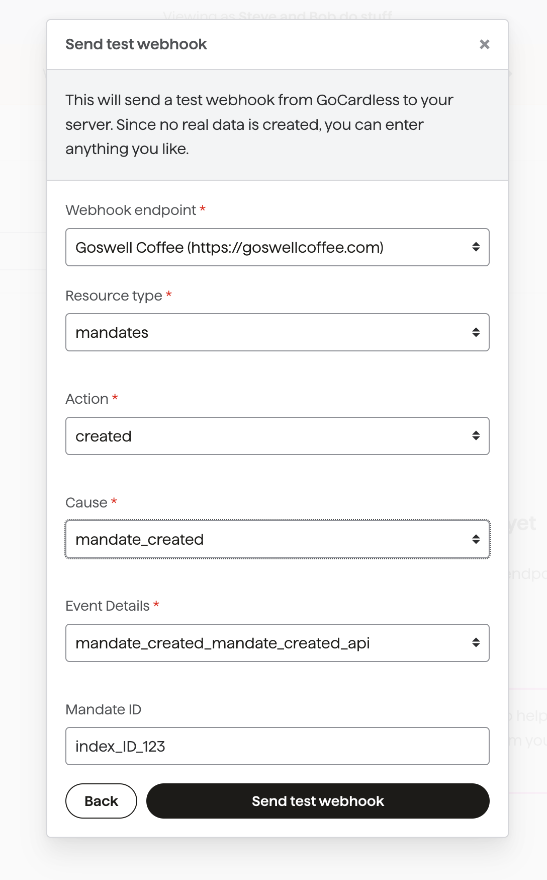 Send test webhook button
