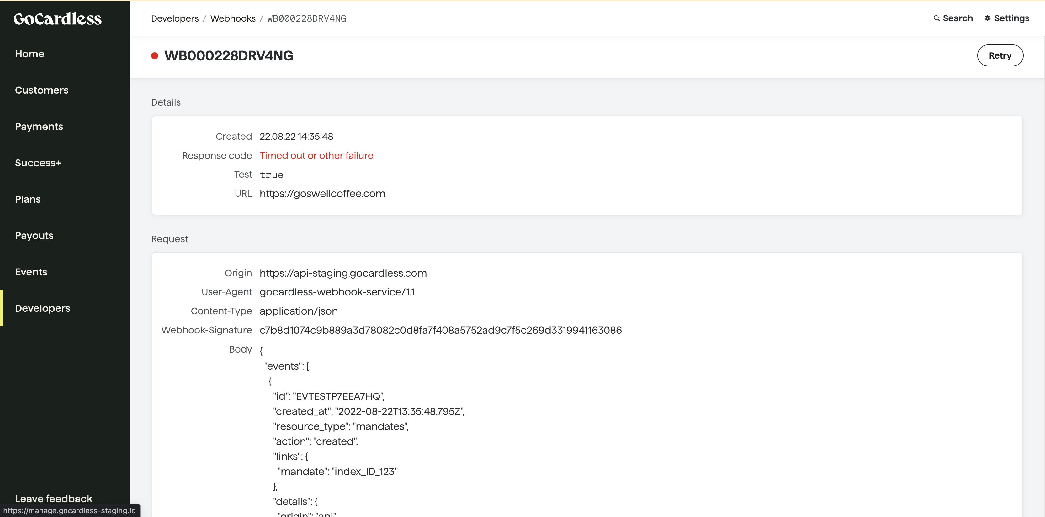 Webhook detail view