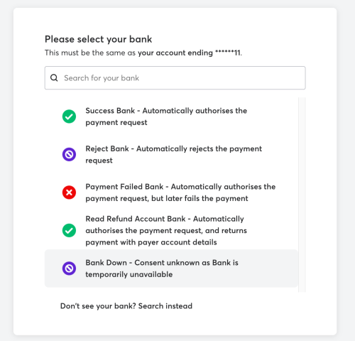 Billing Requests: Fallbacks - Select Fallback Institution screen