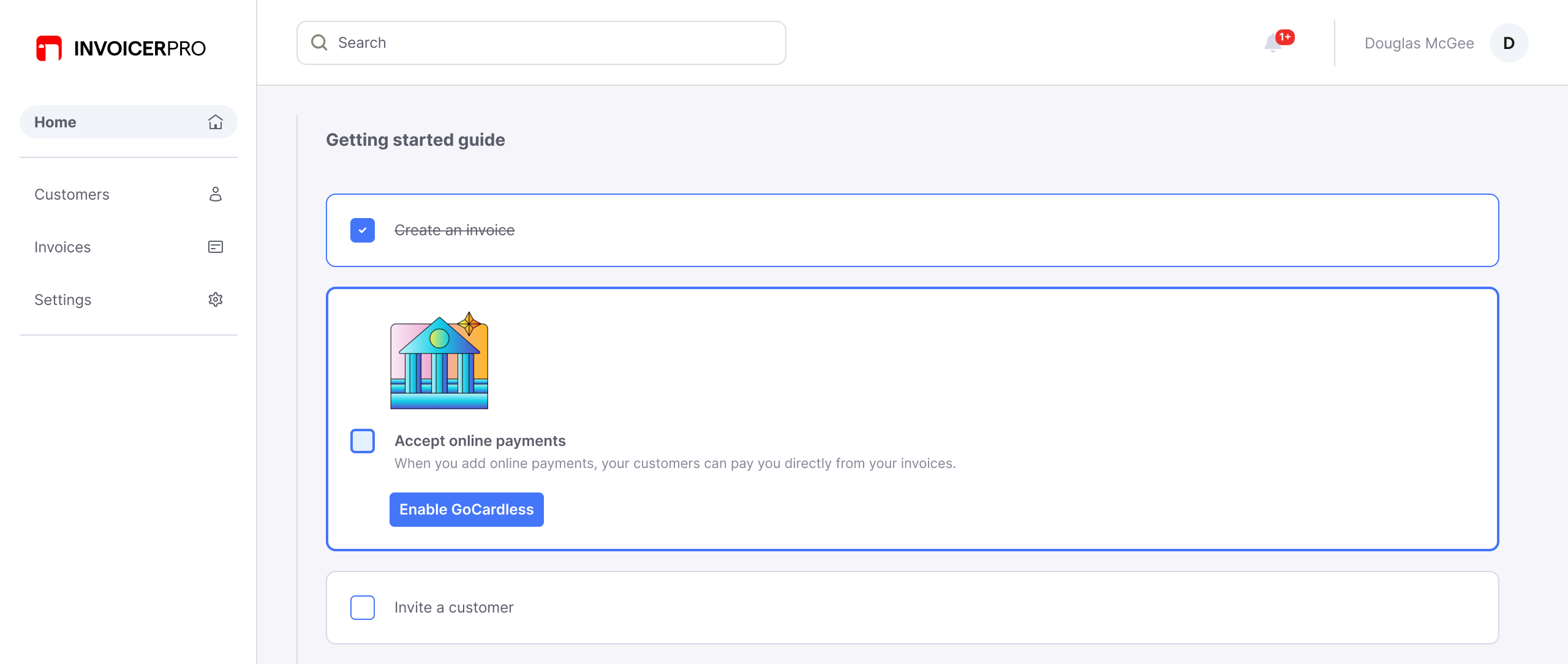 Getting started guide with a step to accept online payments by enabling GoCardless