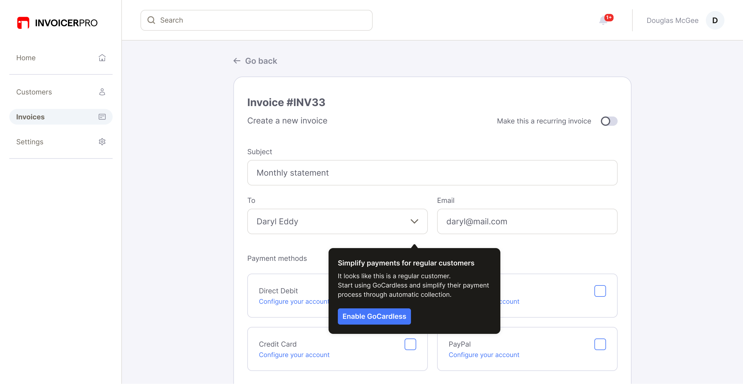 New transaction screen suggesting GoCardless for a regular customer