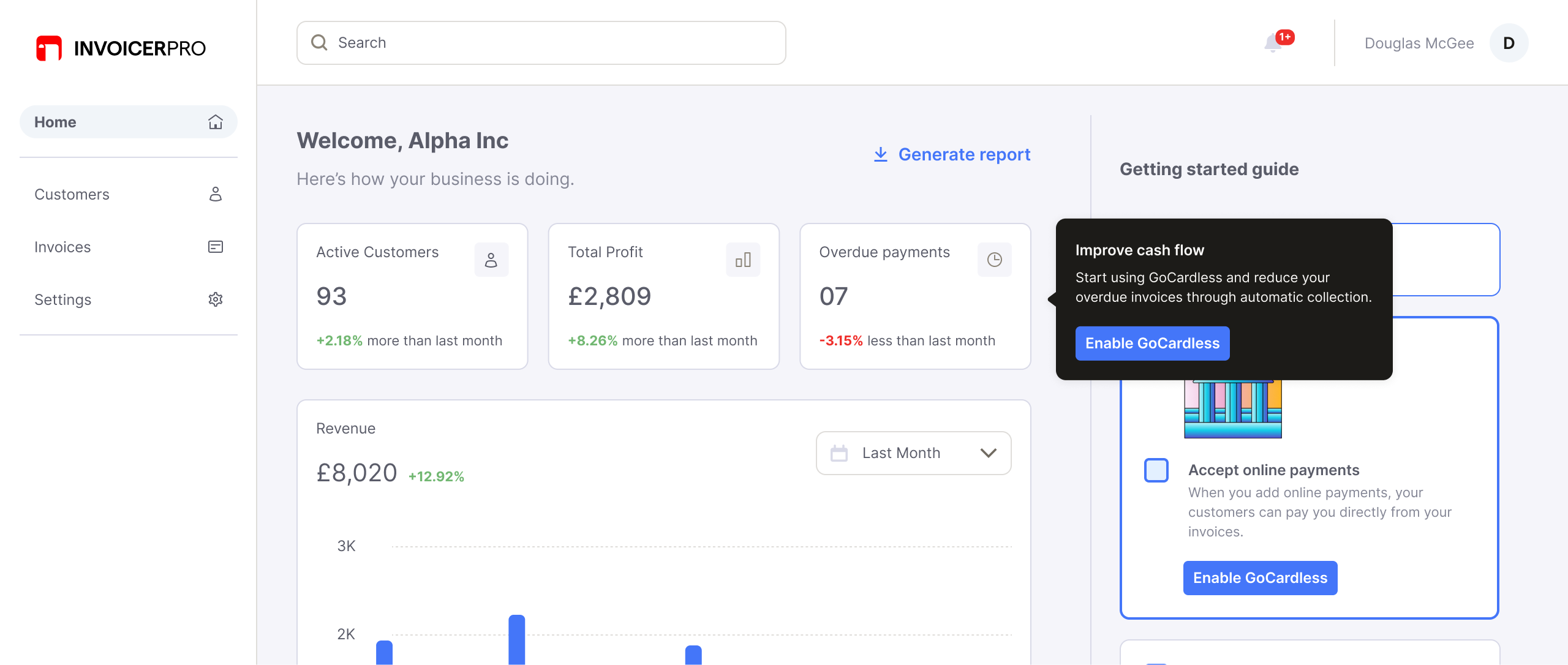 Home page suggesting GoCardless next to overdue payments, to improve cash flow