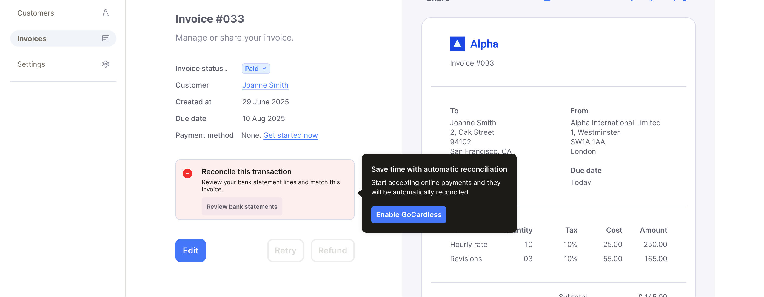 Transaction waiting to be reconciled, with a suggestion to enable GoCardless for automatic reconciliation