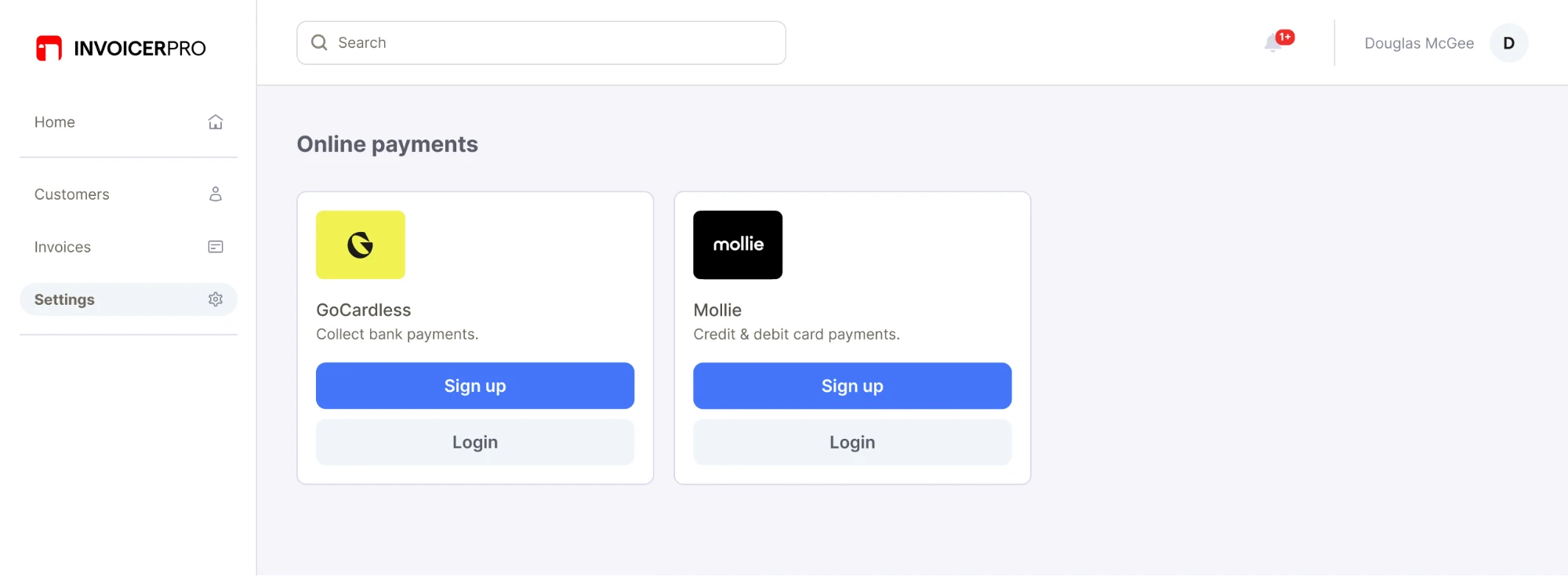Online payments settings page with sign-up and login buttons for GoCardless