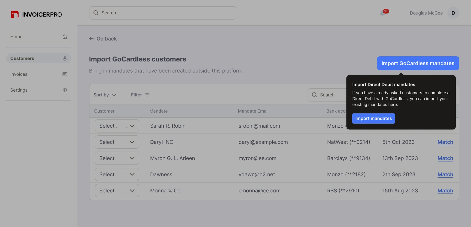Import screen listing existing GoCardless mandates, each with a customer to select and a match link, with a prompt explaining how to import Direct Debit mandates