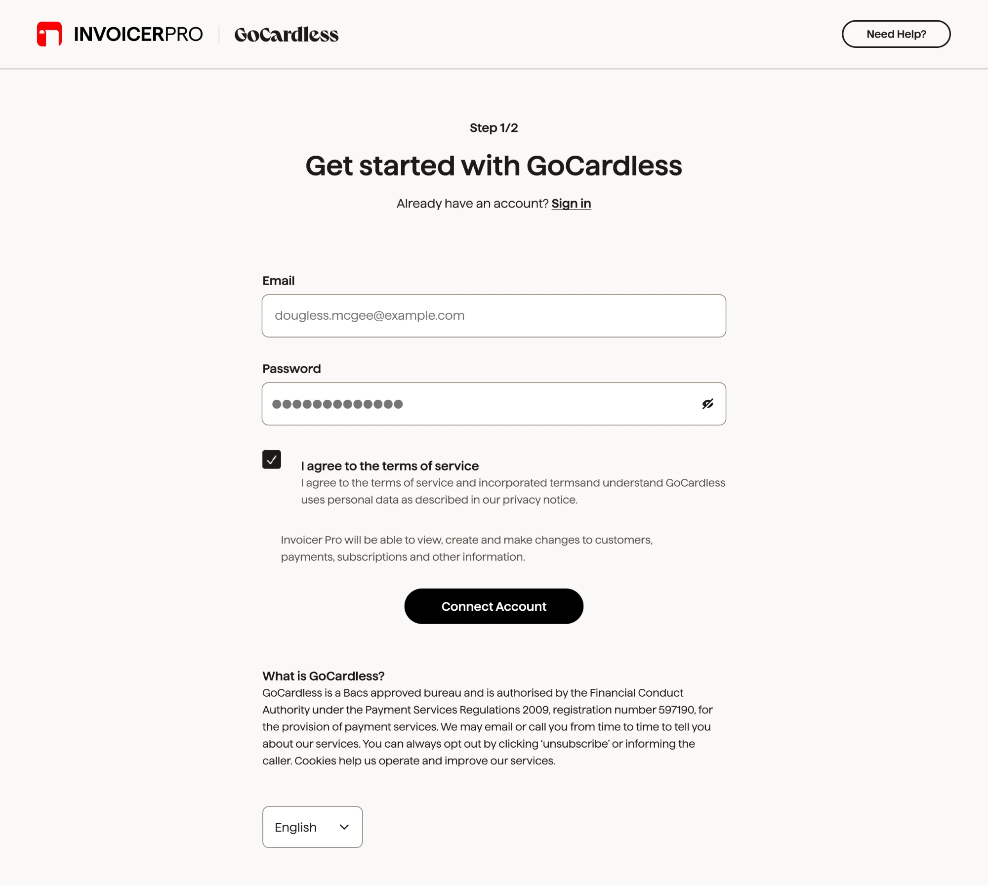 GoCardless sign-up page where your user enters their email and password, agrees to the terms and connects their account to your product